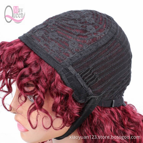 Best Selling Double Drawn Wigs with Fringe Highlight 99J Burgundy RedColor Brazilian Natural Wave Wig Human Hair For Black Women